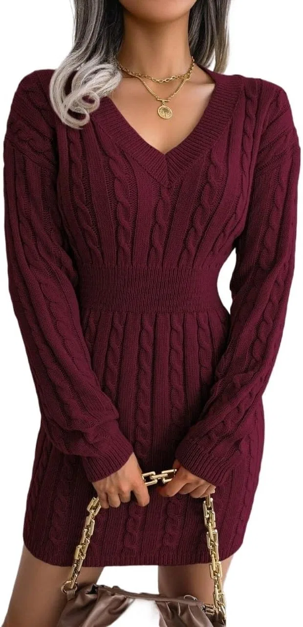 Женское вязаное платье с V-образным вырезом Cable-knit, Burgundy