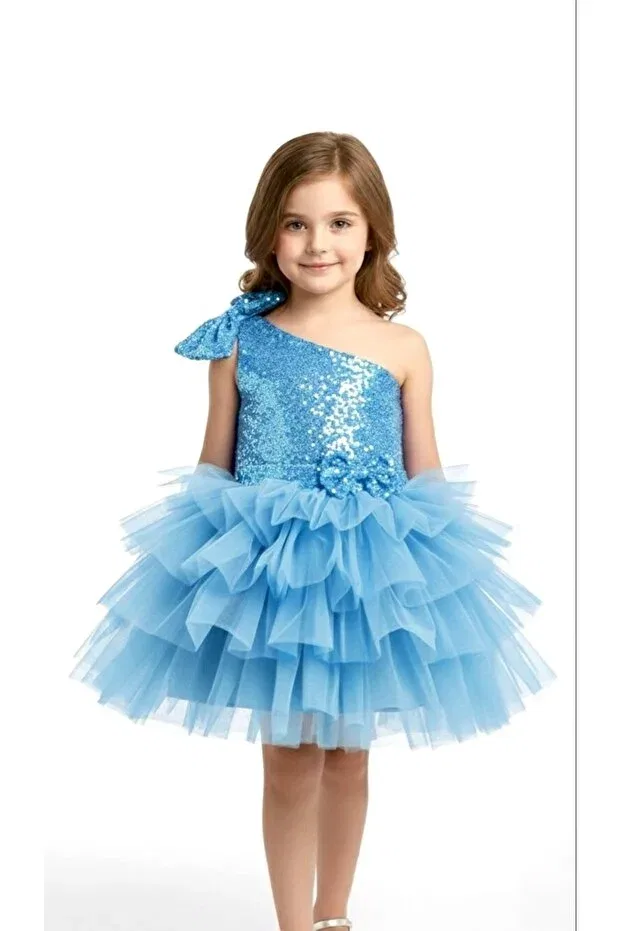 Детское платье для девочек с пайетками One-Shoulder Sequined Bow Tutu Evening Dress Babysmile, Light Blue