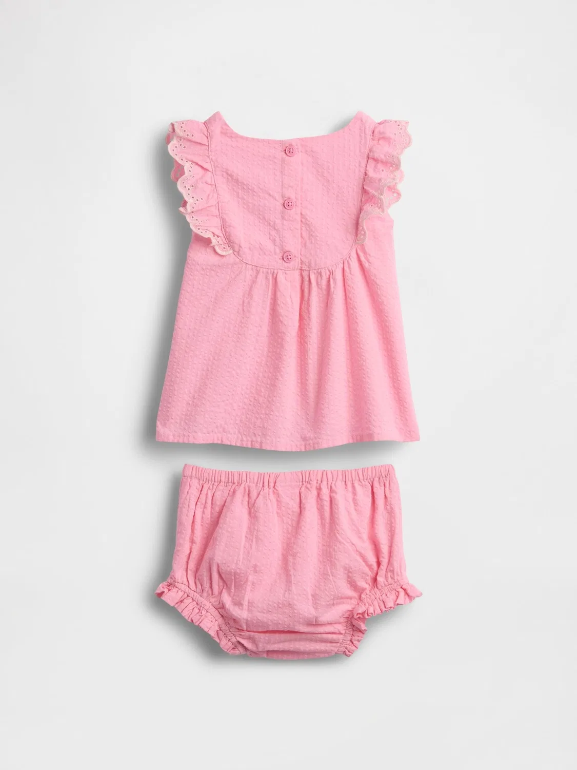 Комплект для новорожденных с рюшами и ажурной отделкой, модель Pink Eyelet Ruffle Outfit Set Gap, розовый — фото 2