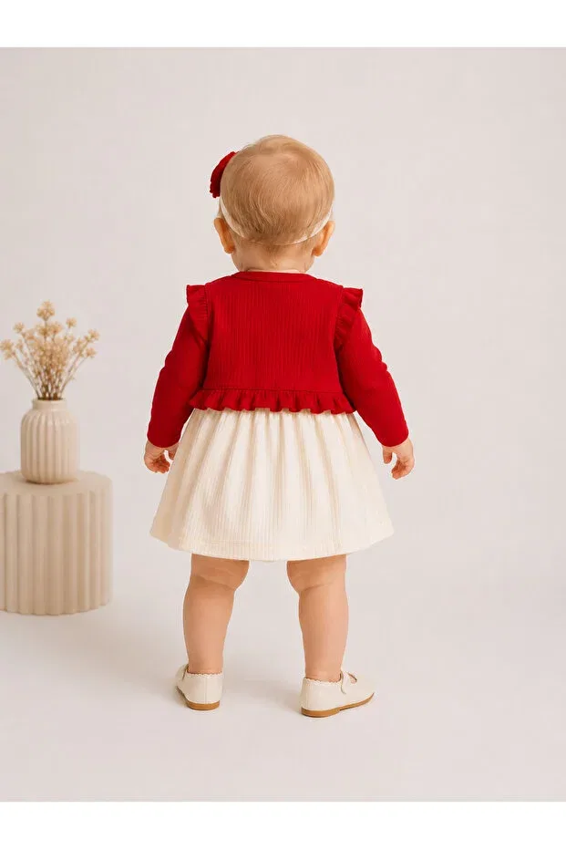 Детское платье для девочек с длинным рукавом Rose bolero bandana Aa Bebek, Red-Cream — фото 4