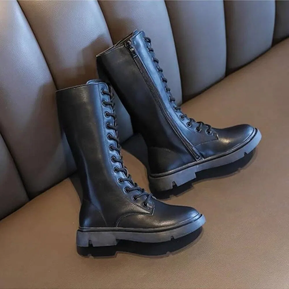 Детские кожаные сапоги для девочек на шнуровке с молнией BININBOX, Black-Conventional Lined — фото 3
