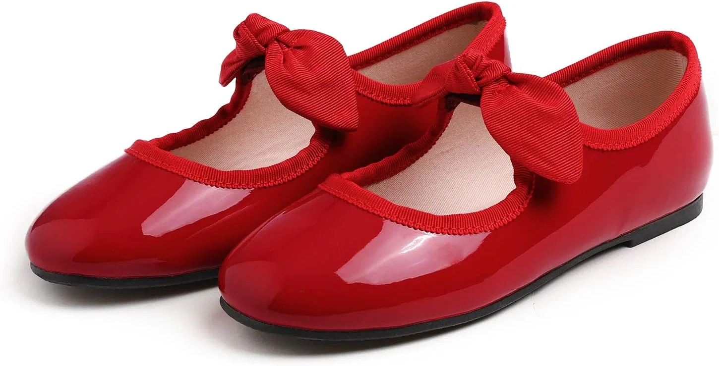 Детские туфли для девочек с пряжкой FEVERSOLE, Patent Bow Elastic Maryjane Red — фото 2