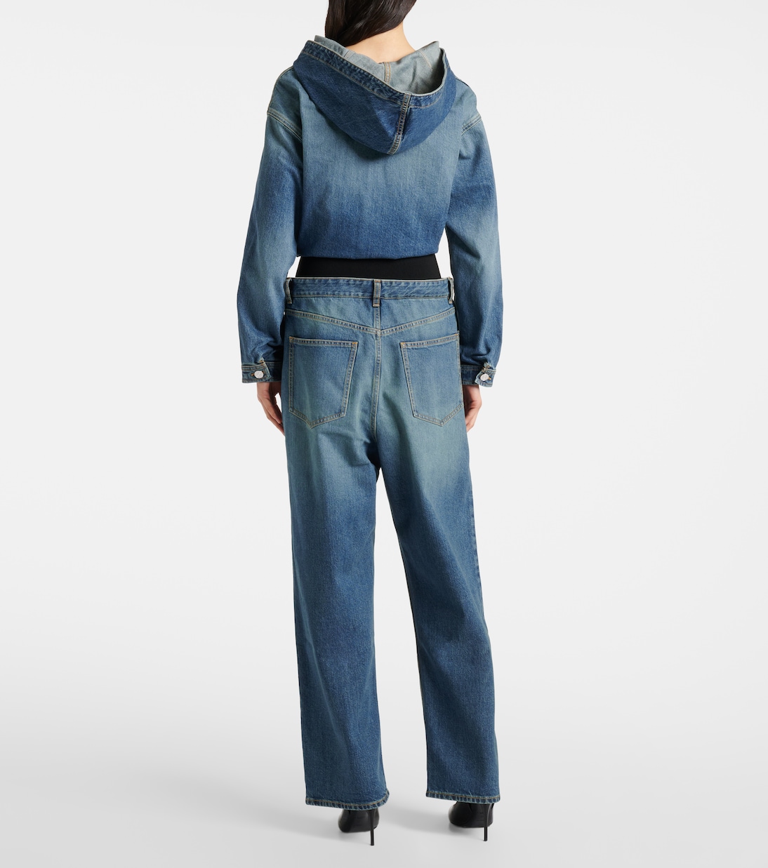 Высокие прямые джинсы с отделкой из джерси Alaïa, Bleu Vintage — фото 3