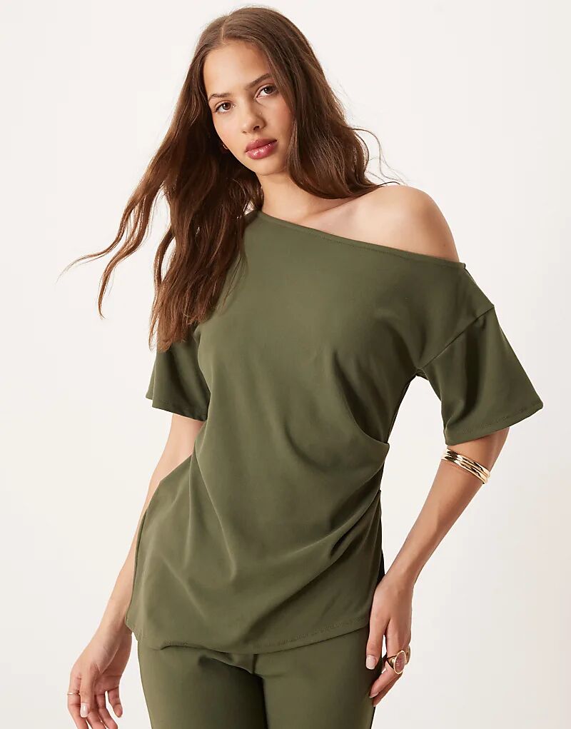 

Футболка ASOS DESIGN с открытыми плечами и отделкой в рубчик цвета хаки