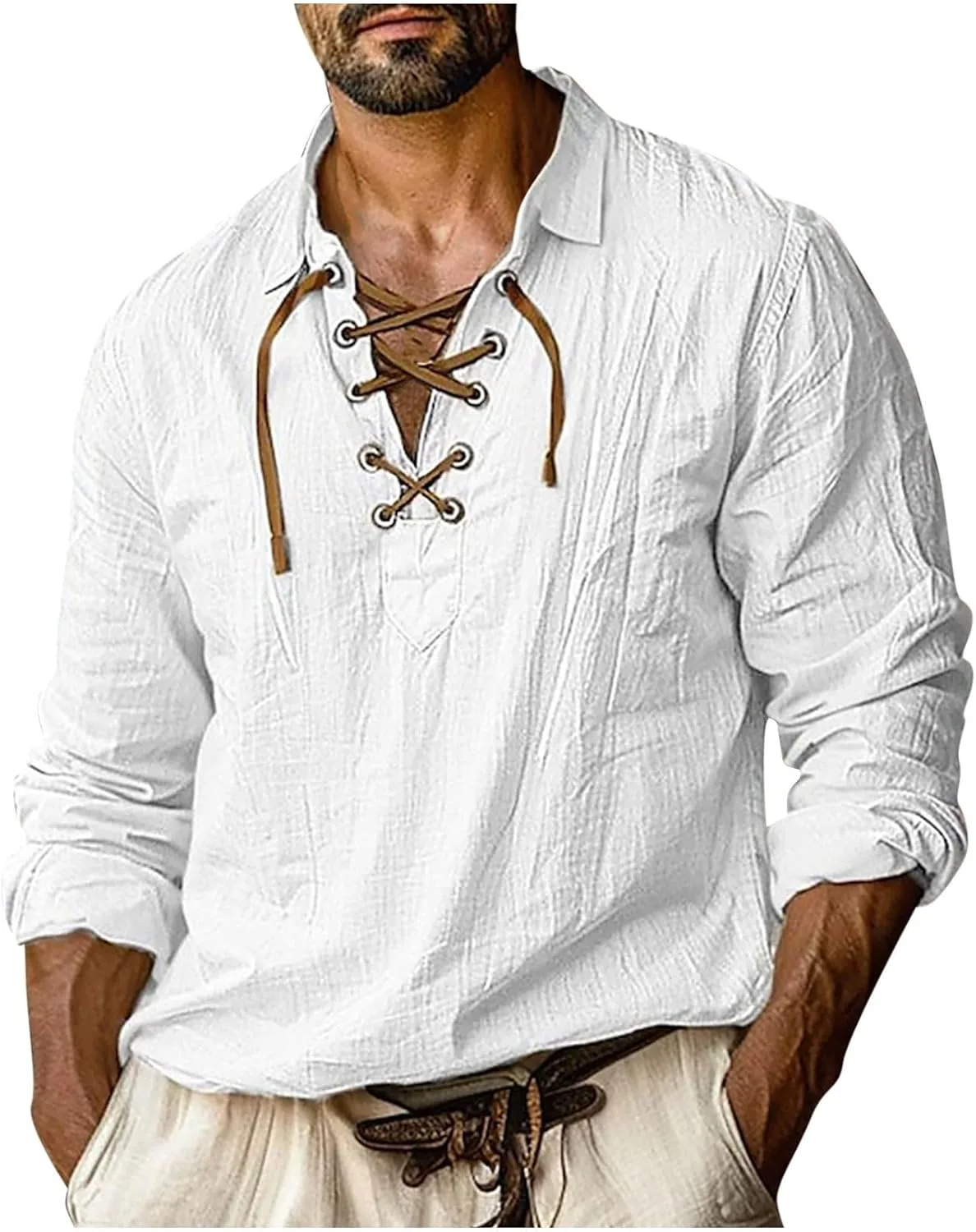 

Мужская льняная рубашка с длинными рукавами и шнуровкой на воротнике