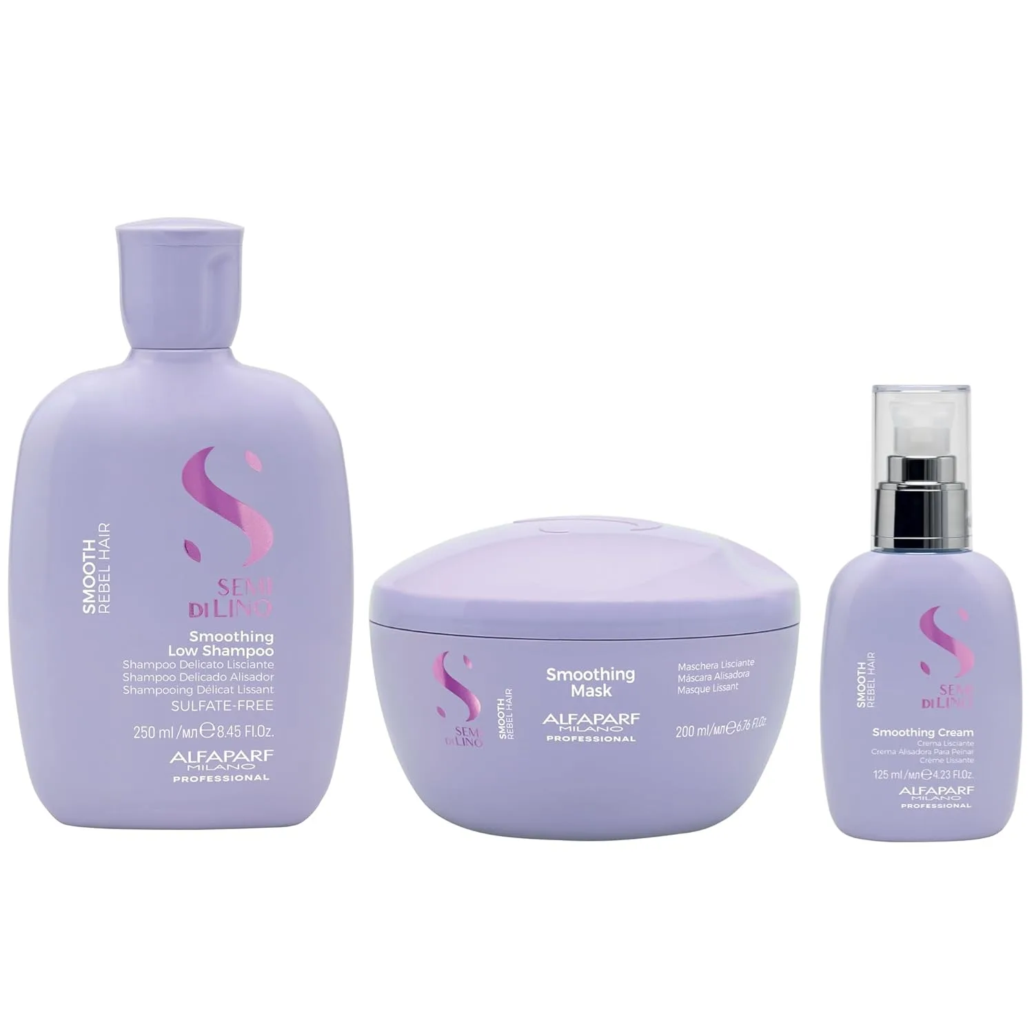 Подарочный набор Alfaparf Milano Semi di Lino Smooth для непослушных и вьющихся волос - шампунь без сульфатов, маска для волос и разглаживающий крем - против пушистости.