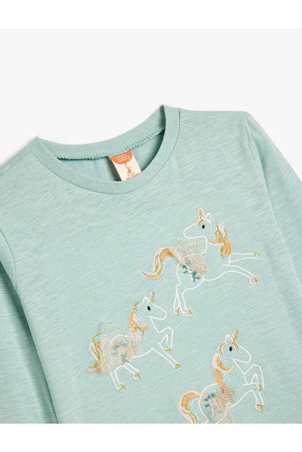 Детская хлопковое футболка с длинным рукавом Unicorn Embroidered Koton, Blue — фото 3