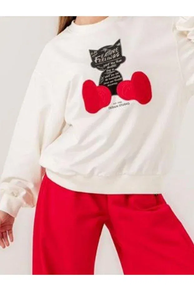 Детская толстовка для девочек с принтом Cat Printed Girl's Sweatshirt Zekids, Ecru — фото 4