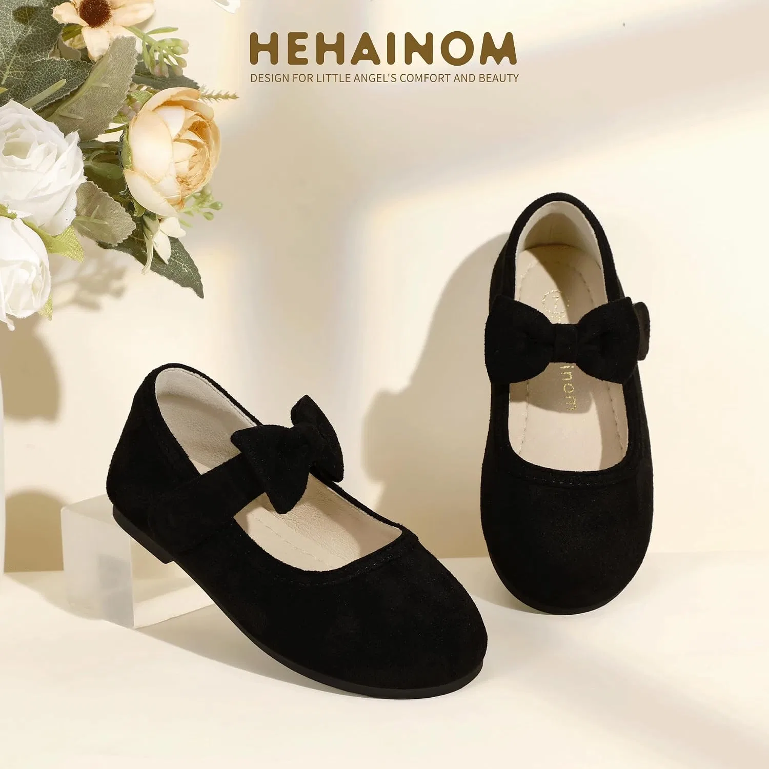 Детские балетки для девочек с бантом Hehainom, Black Suede — фото 4