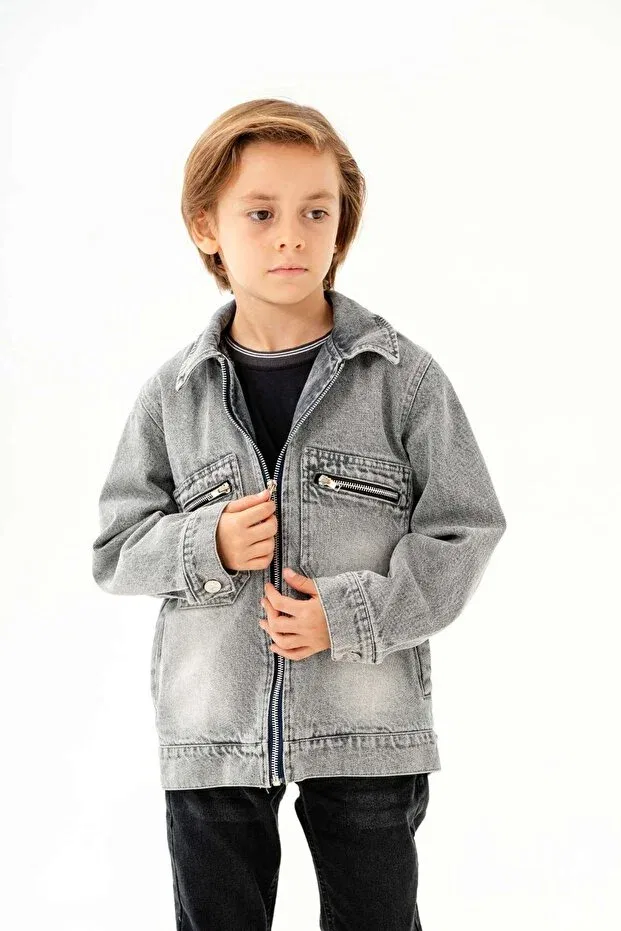 Детский джинсовое пиджак для девочки с длинным рукавом Zippered Double Pocket Boy's Denim Jacket Dazzledkids, Gray