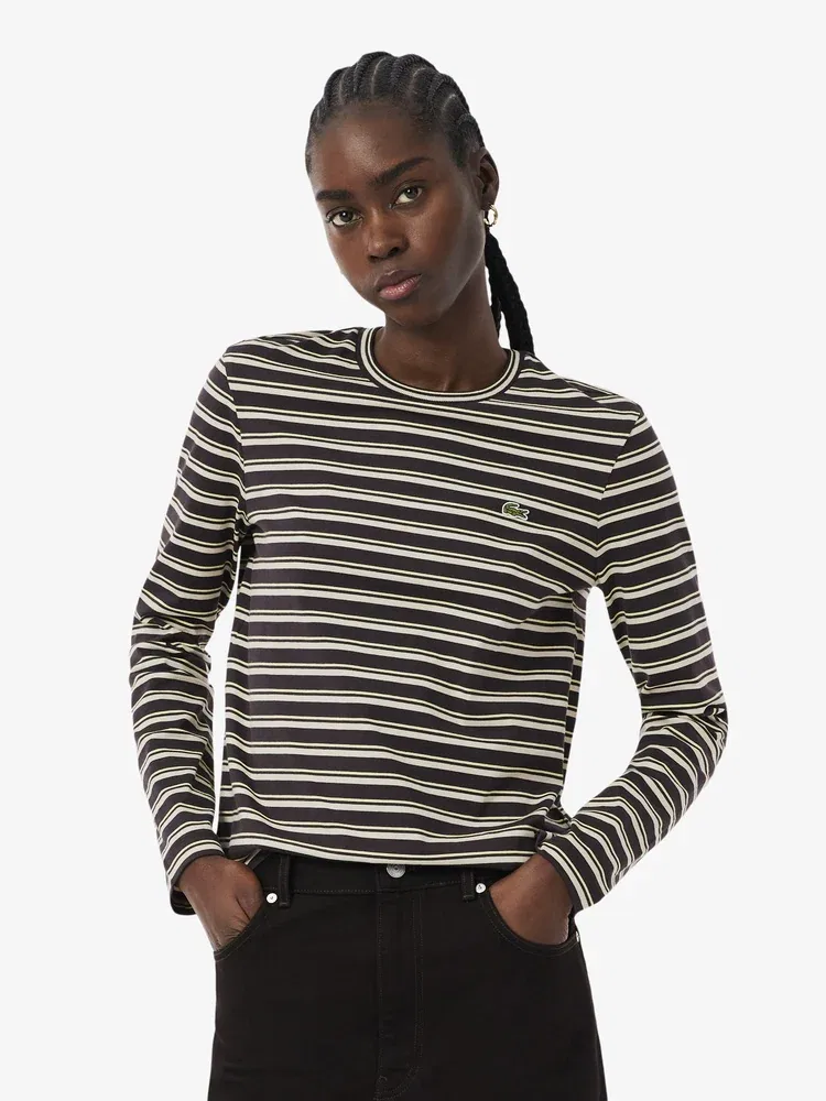 Футболка LACOSTE с длинным рукавом, Мульти-полоска, Коричневая
