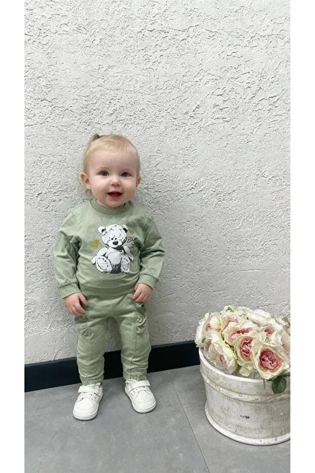 Детский комплект спортивного костюма для девочек с принтом Bear Printed Ruffle Detail Gocoland, Green — фото 2