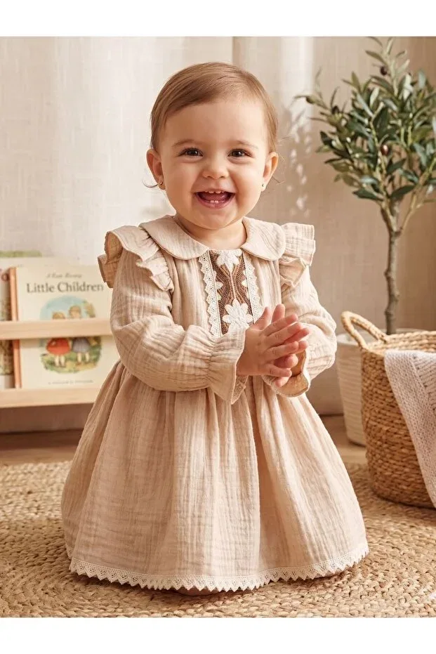 Детское платье для девочек с длинным рукавом Ruffle shoulder muslin baby girl dress - natural fabric stylish design Cherrys Bebek, Beige