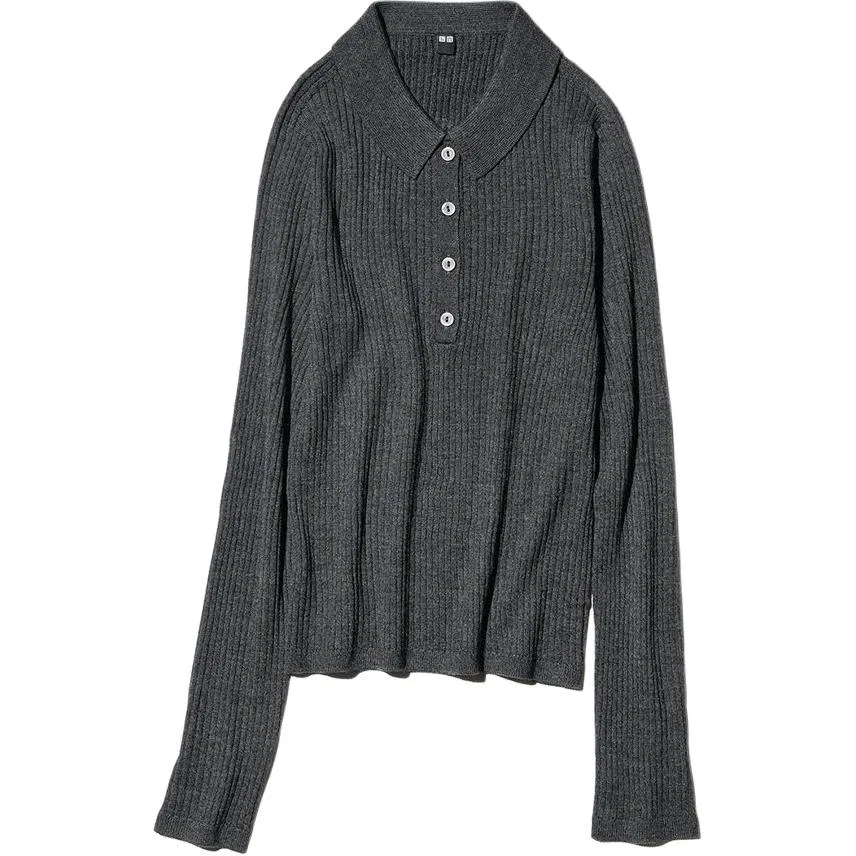 Женский свитер с воротником-поло, темно-серый, UNIQLO, Dark Gray