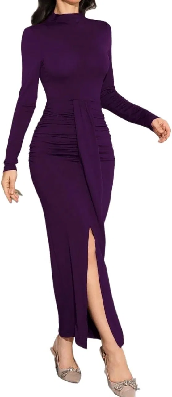 Женское элегантное платье миди с высоким воротником-стойкой Slimming Fit, Purple
