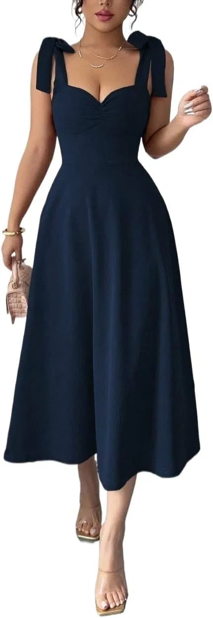 Женское элегантное платье миди на высокой талии без рукавов, Navy Blue