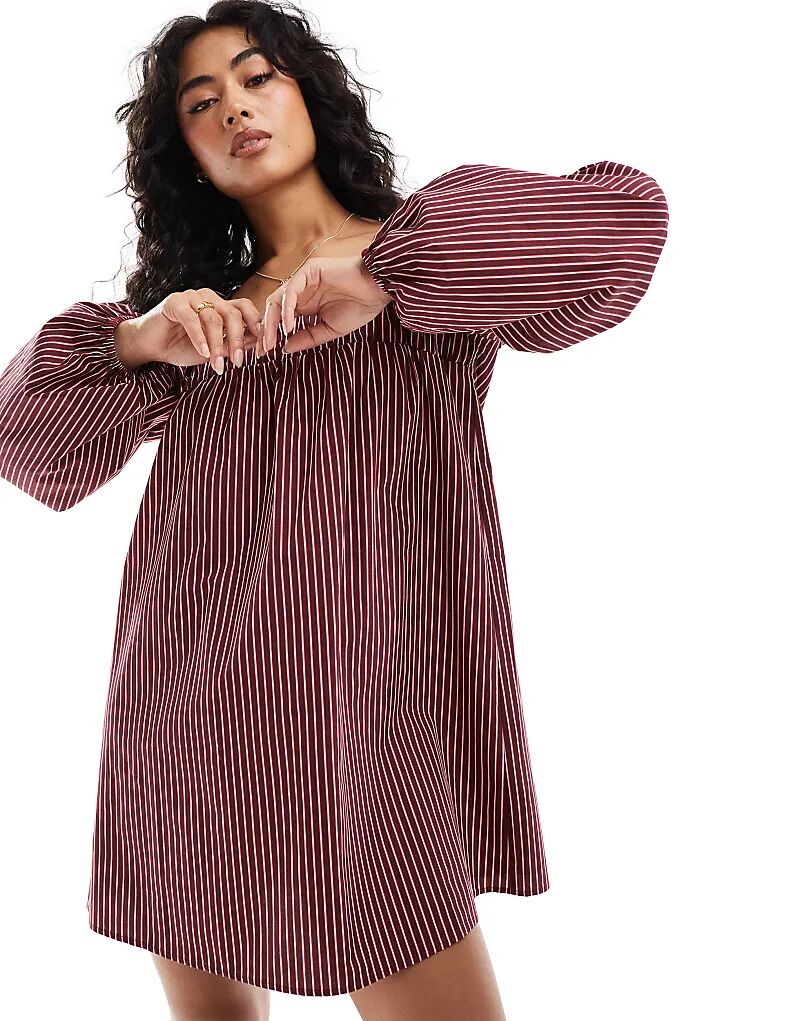

Мини-платье из поплина с оборками на плечах в полоску ASOS DESIGN