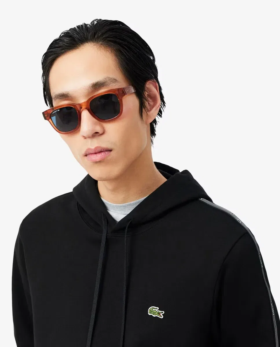 Мужская худи Lacoste с капюшоном и молнией, полоска с логотипом, черный — фото 3