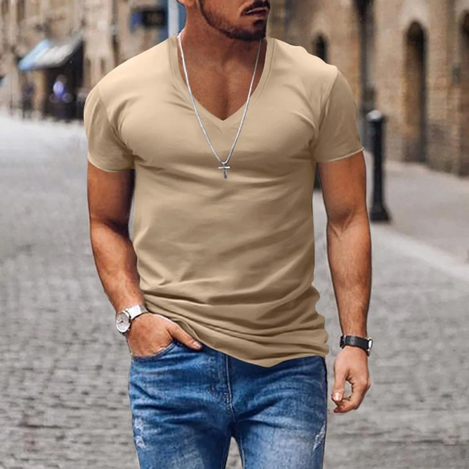 Мужская футболка с V-образным вырезом Slim Fit, Khaki — фото 3