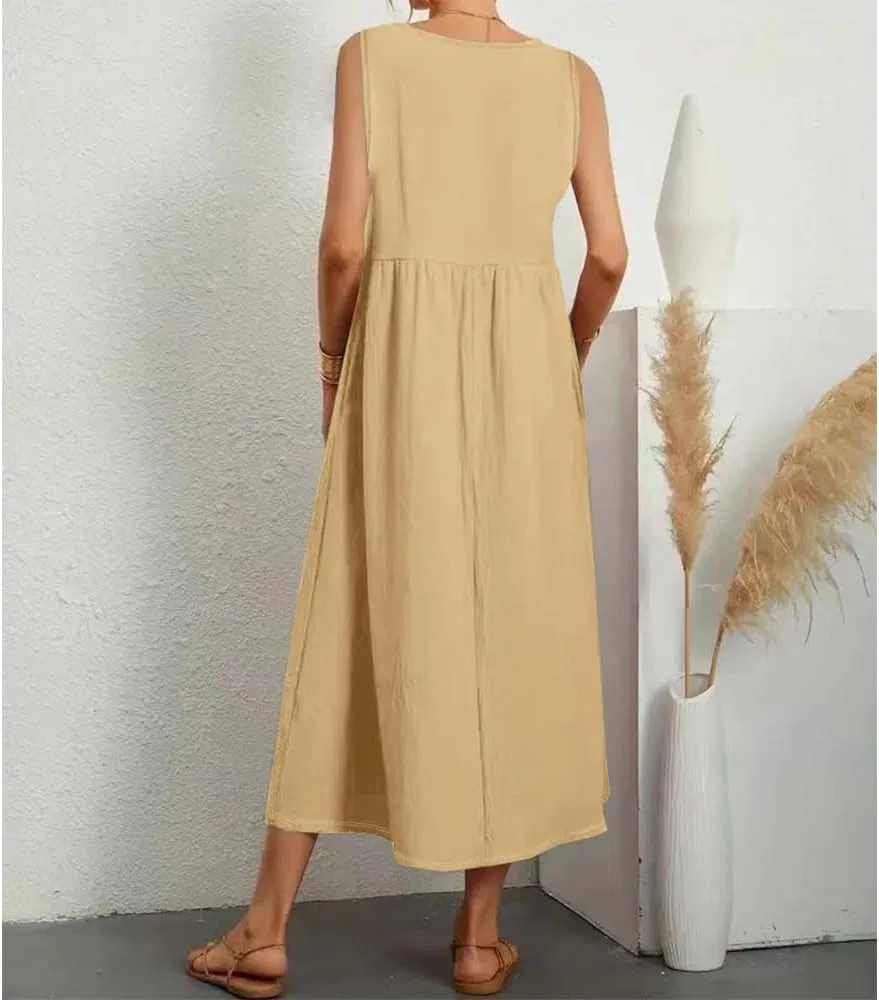 Женское летнее платье макси с V-образным вырезом Cotton Linen, Ginger — фото 3