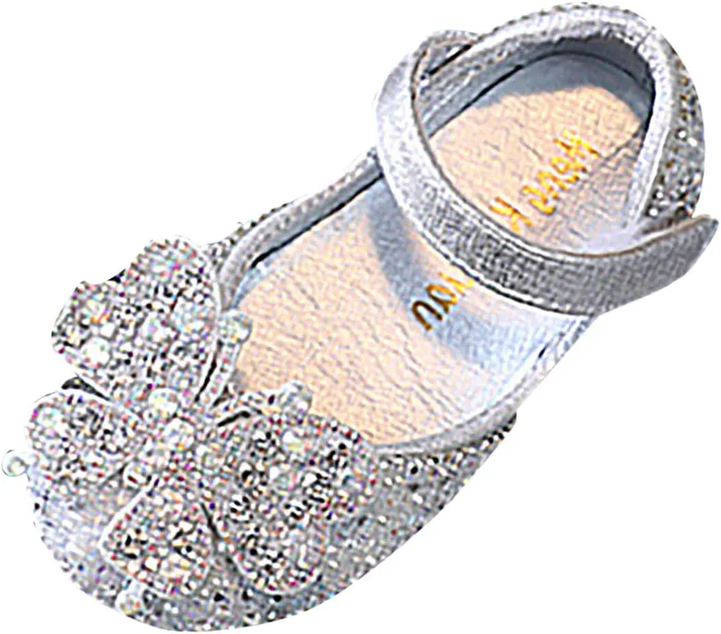 Детские туфли-балетки для девочек с принтом Rhinestones Bow Mary Jane Dress Shoes Flower Wedding Shoes Glitter Sequins Princess Ballet Flats, Silver