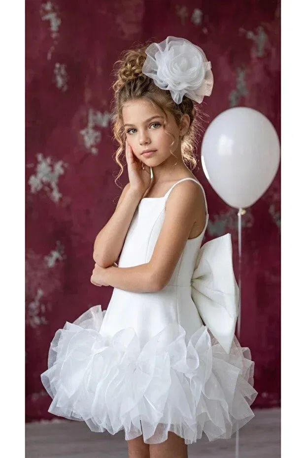 Детское платье для девочек с принтом Big Bow Detailed Strap Fluffy Tulle Evening Dress + Buckle Mc Minicool, White — фото 4