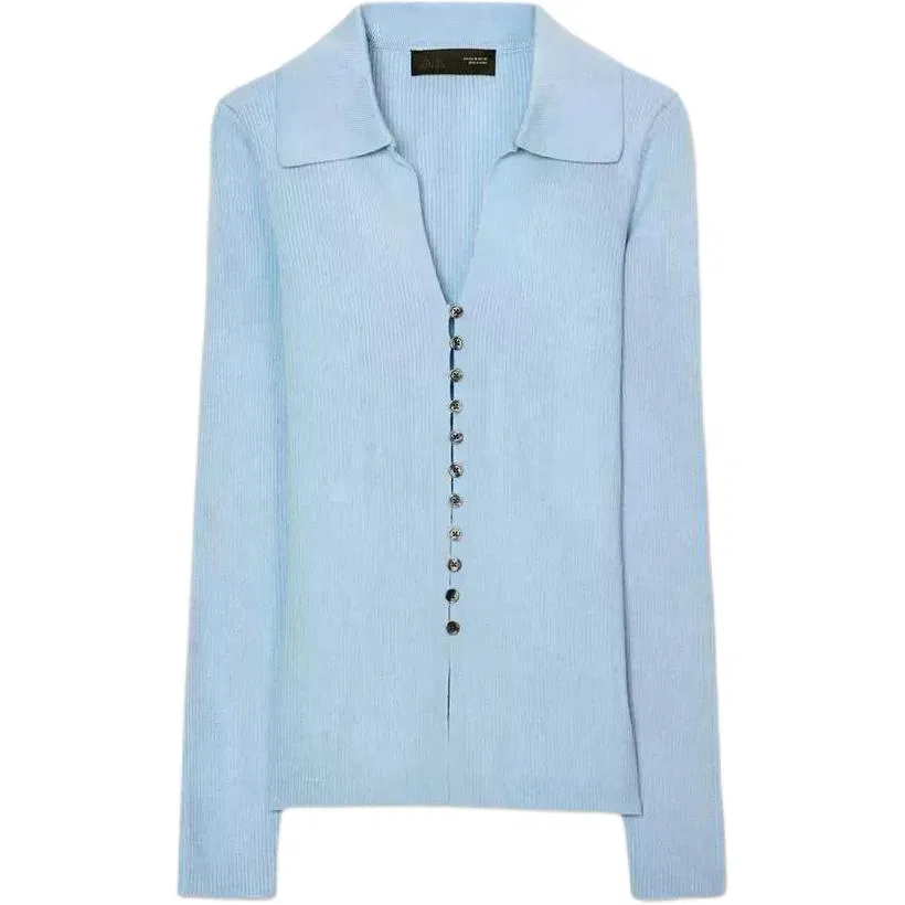 Женский свитер с лацканом Light Blue ZARA, Light Blue