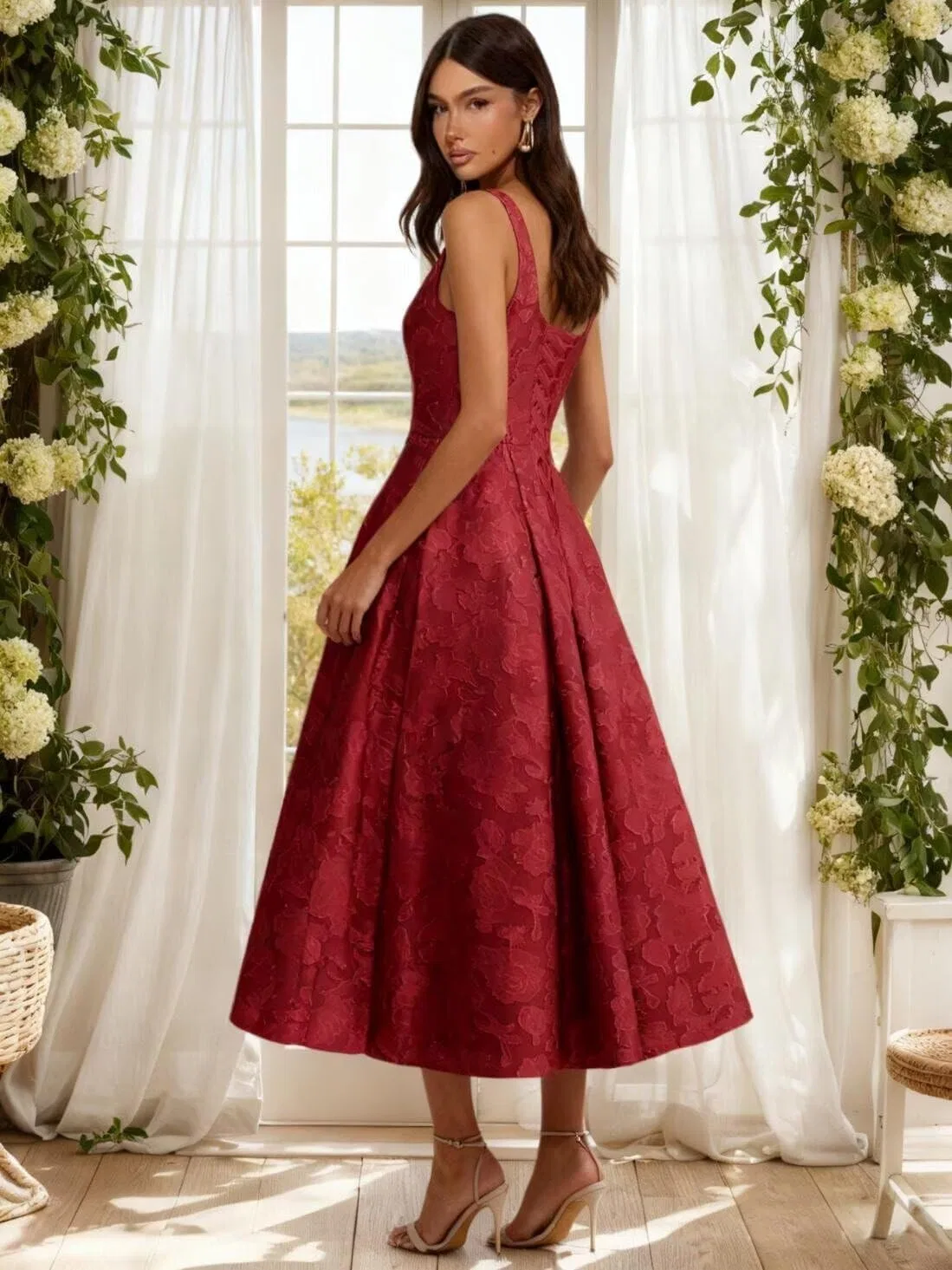 Женское платье для подружки невесты с жаккардовым кружевом, Tea Length, Navy Blue — фото 3