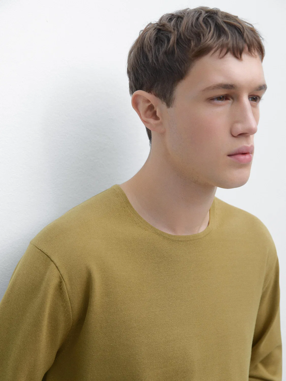 Вязаный свитер с круглым вырезом из 100% хлопка Massimo Dutti, оливковый — фото 4