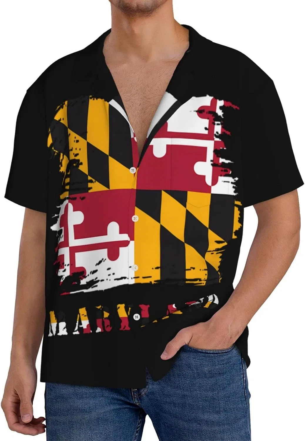 Мужская свободная рубашка с коротким рукавом Cuba Collar Maryland State Flag, Black