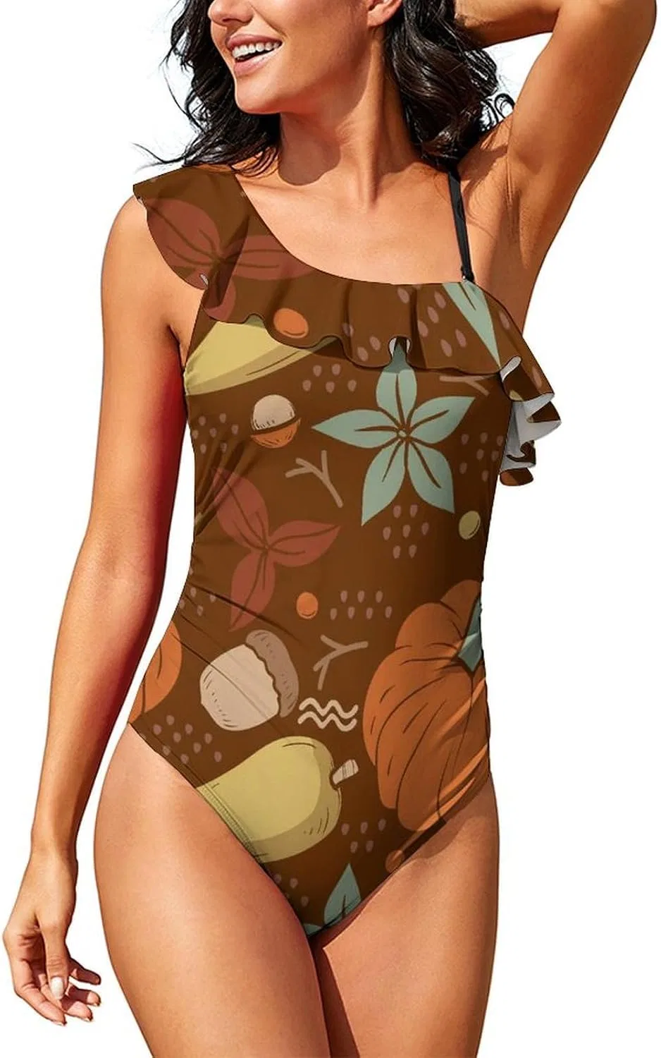 Женский слитный купальник с одним плечом Pumpkin Autumn Pattern, Style-6