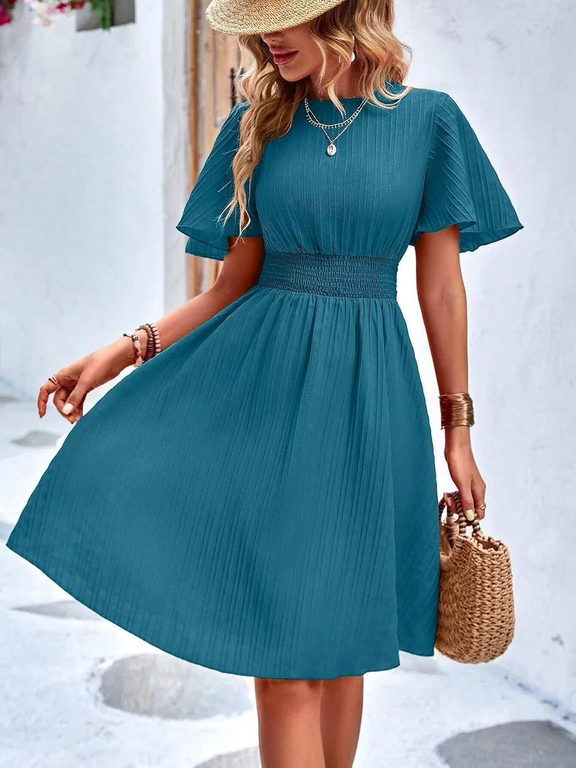 Женское платье миди A-силуэта с высокой талией, Teal Blue — фото 2