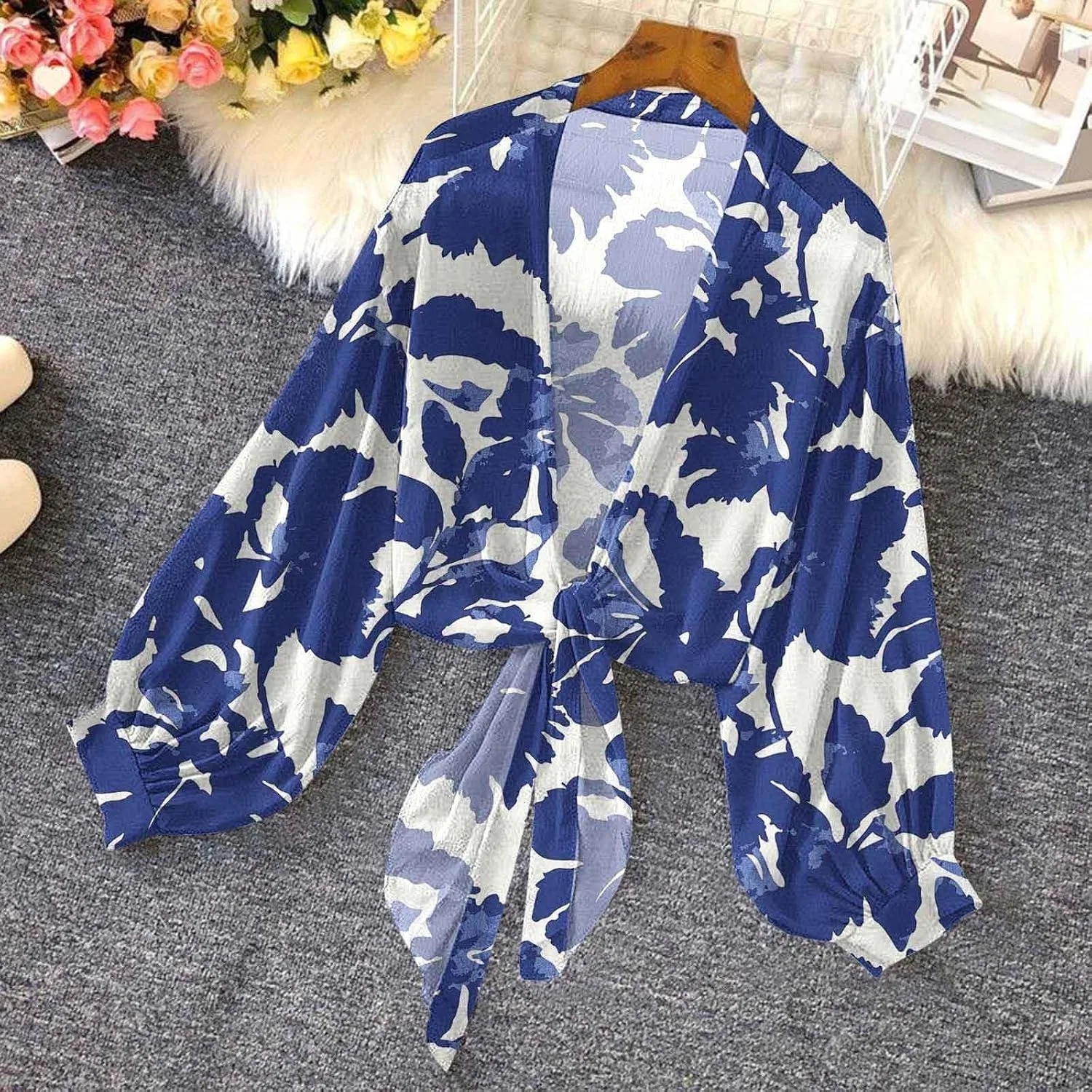 Женская пляжная накидка с глубоким V-вырезом и завязками, Oversized Flowy Chiffon, Multicolor — фото 3
