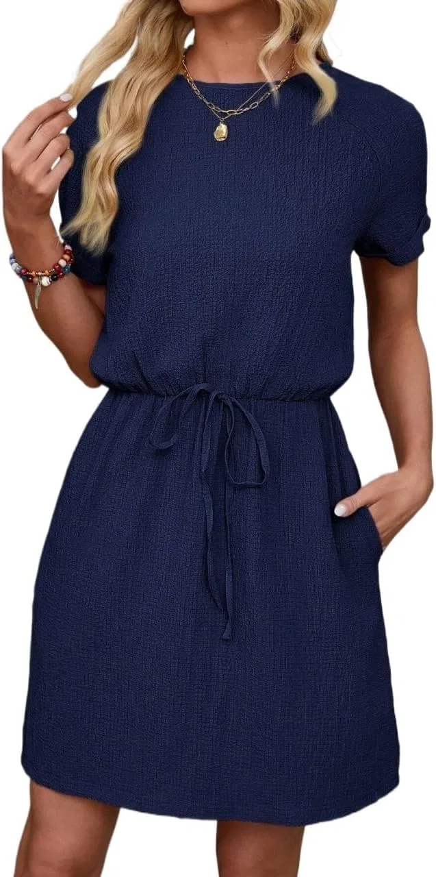 Женское летнее мини-платье с завязкой на талии, Navy Blue