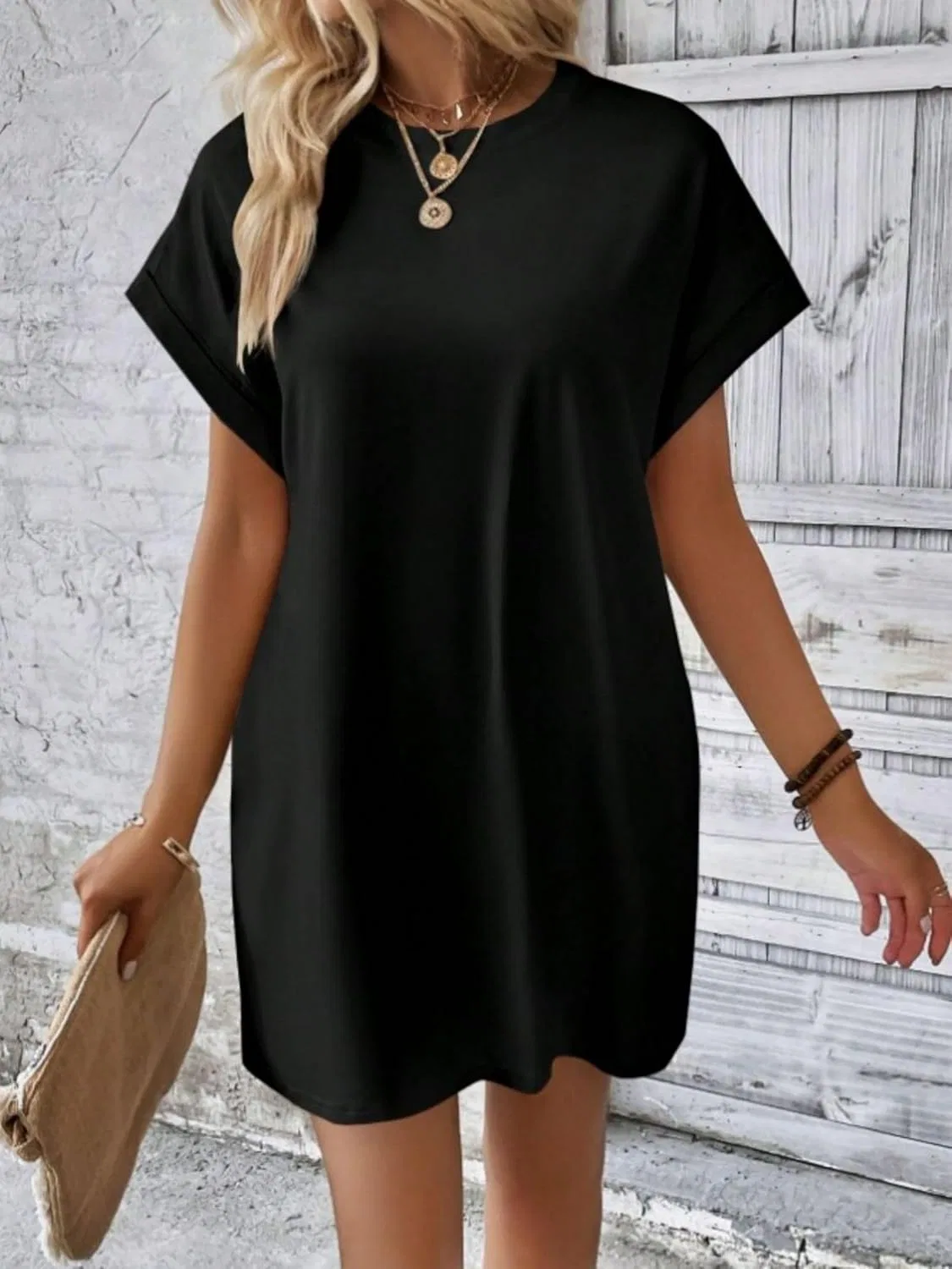 Женское мини-платье-футболка с коротким рукавом и карманами, Black — фото 2