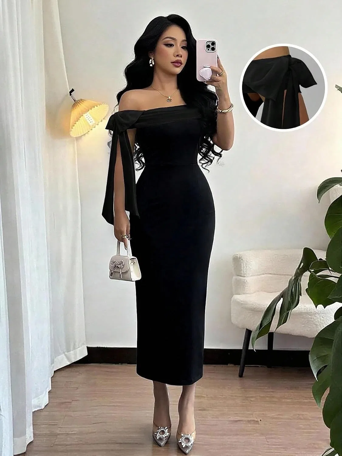 Женское элегантное платье-бодикон с узлом и разрезом, Black — фото 2