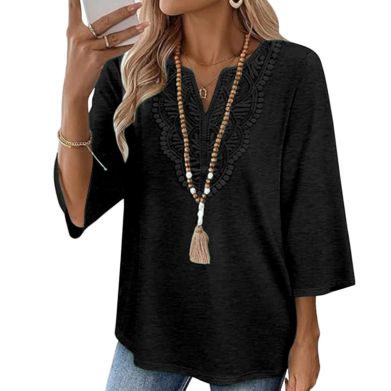 Женская льняная туника с вышивкой Retro 3/4 Sleeve Boho Casual Loose Fit Lightweight Summer Beach Blouse, C-black