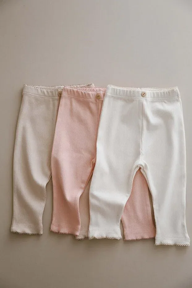 Детские леггинсы для девочек из хлопка 3 шт Ohlalakoala, Lightbeige-Cream-Salmon — фото 4