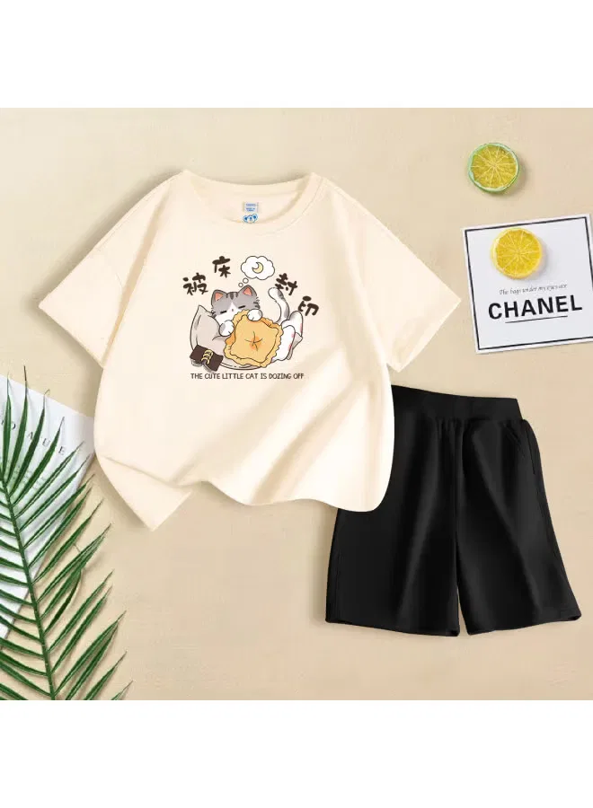 Комплект с принтом кошки из хлопка 2 предмета Jeanswest, абрикосовый — фото 2