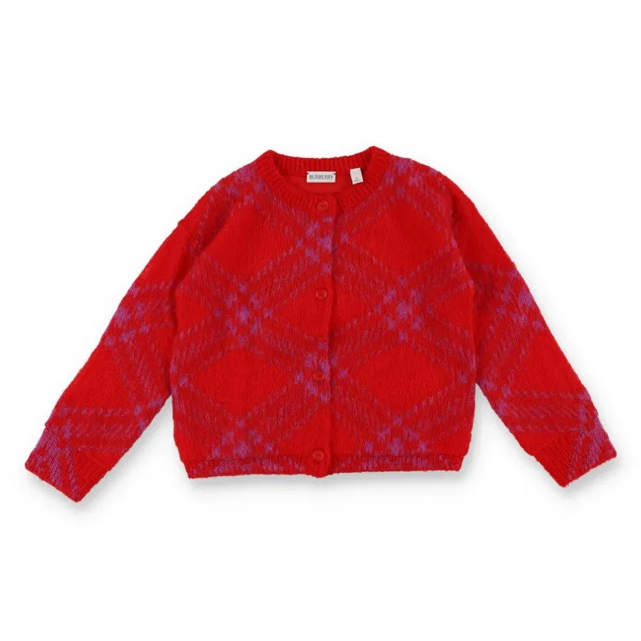 Кардиган с принтом в клетку Kids Checkered Mohair-Wool Blend Cardigan Burberry, Warm Coral Red