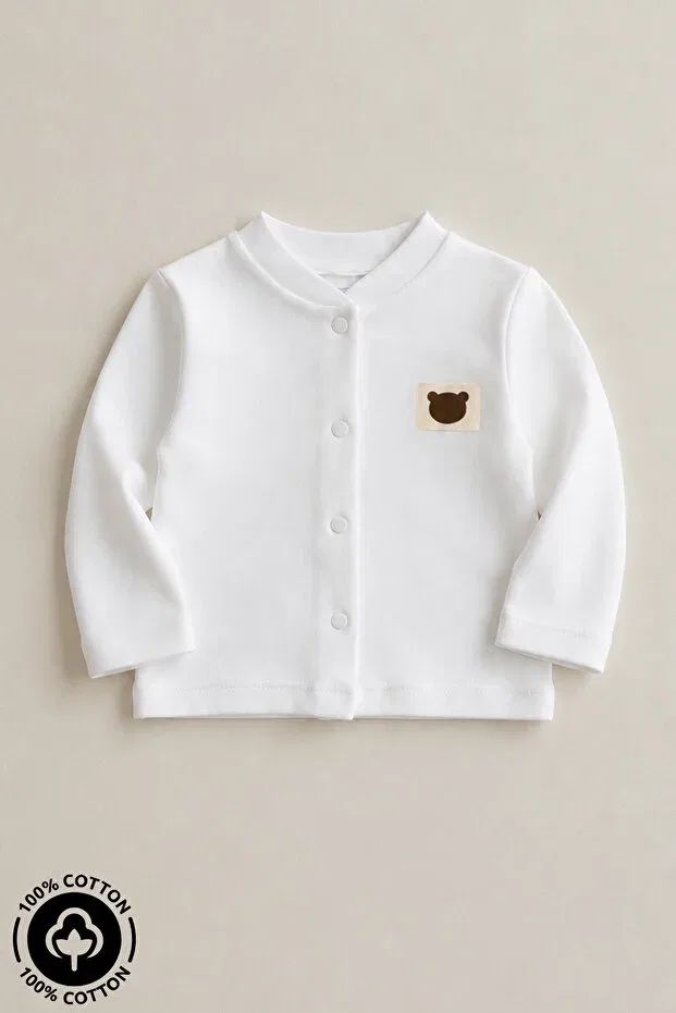 Детский кардиган с принтом Unisex baby teddy bear crest detailed 100% cotton 3-12 months seasonal combed cotton baby cardigan Miniel, Ecru