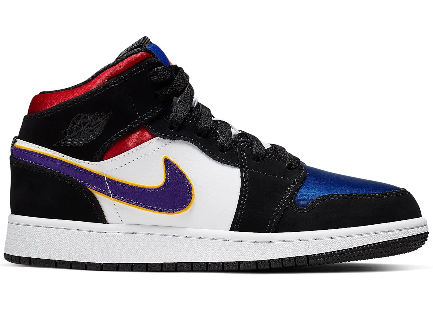 Детские кроссовки с принтом Jordan 1 Mid Lakers Top 3 GS Jordan, Black/Field Purple-White-Gym Red-Rush Blue-Amarillo