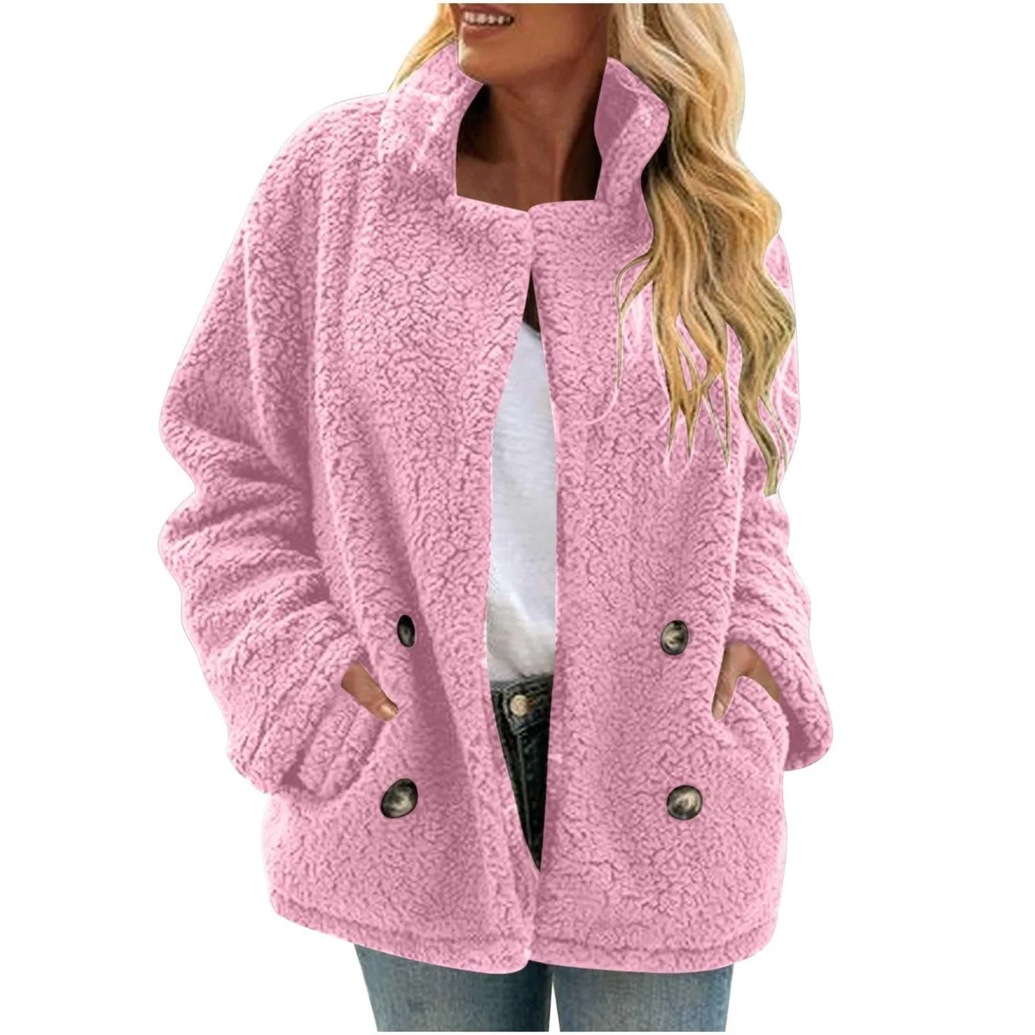 Женское зимнее пальто с капюшоном из флиса, pink — фото 2