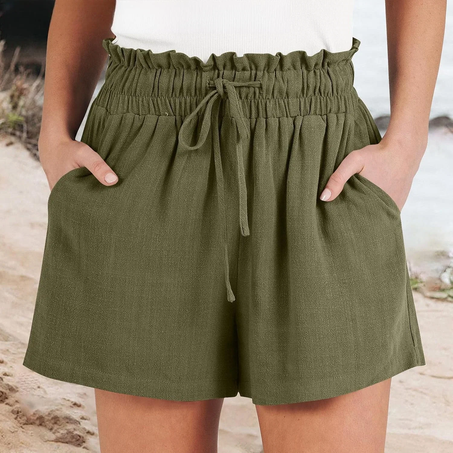 Женские свободные шорты с высокой талией на завязках, Army Green — фото 4