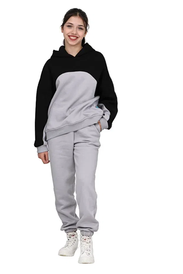 Детский спортивный костюм для девочек оверсайз из начеса Erdem Kids, Gray-Black