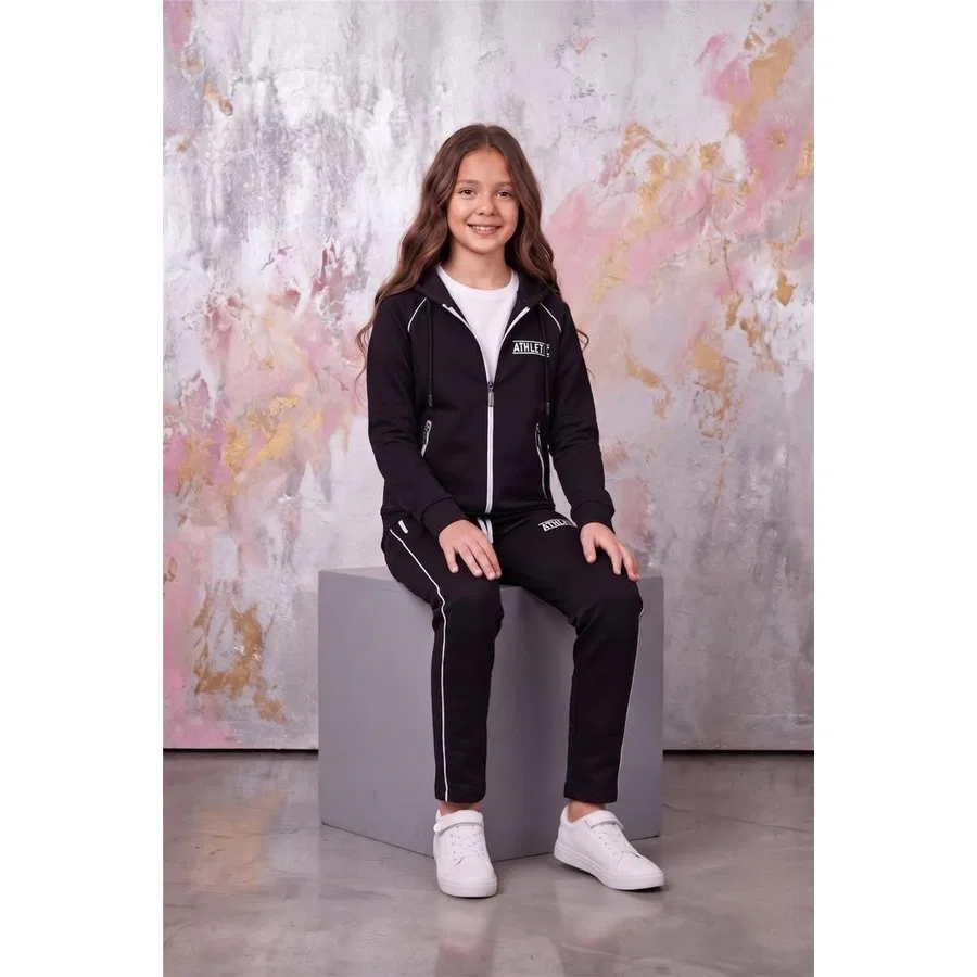 Спортивный комплект из футера с капюшоном и регланом Athletic ESF7018 Pina Kids, Черный — фото 4