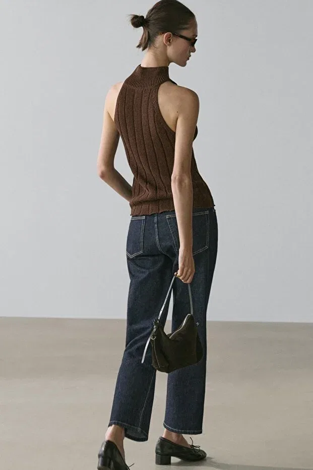 Женский топ-халтер хлопковый без рукавов Massimo Dutti, Chocolate Brown — фото 4
