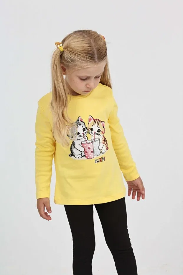 Детские свитшот для девочек с принтом Double Cat Printed Toontoy, Light Yellow