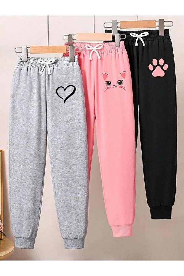Детский комплект спортивных штанов для девочек с принтом Heart, cat, paw printed three-piece tracksuit set Kids, Multicolor