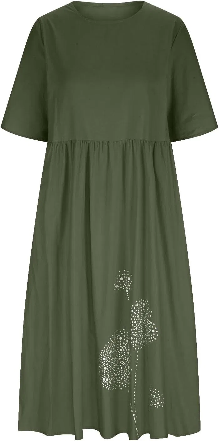 Женское повседневное платье-футболка из хлопка и льна, Army Green — фото 3